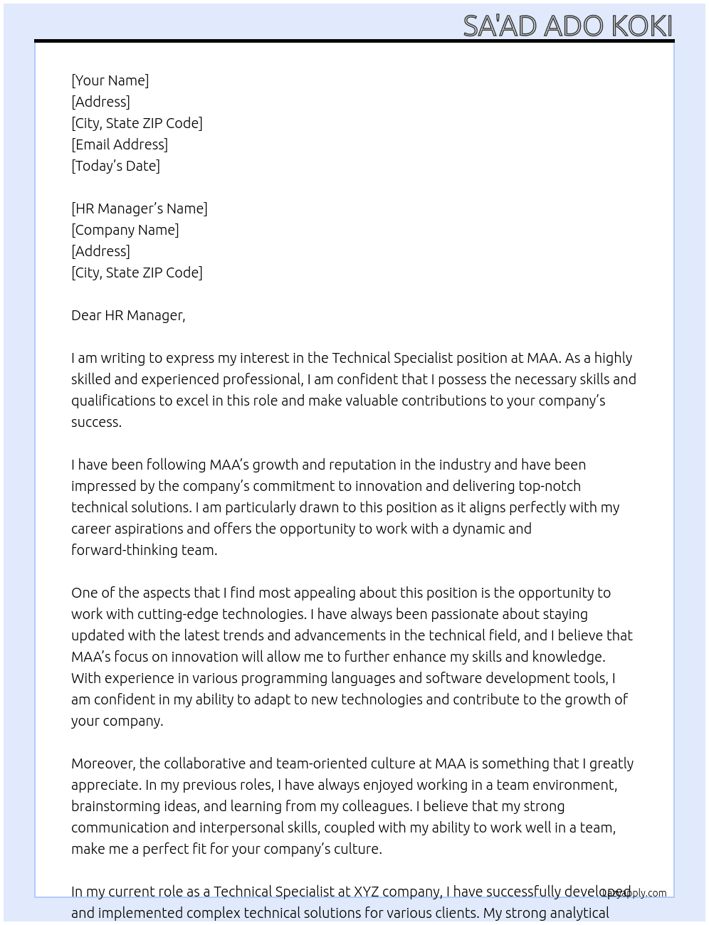 Technical Specialist At MAA Cover Letter