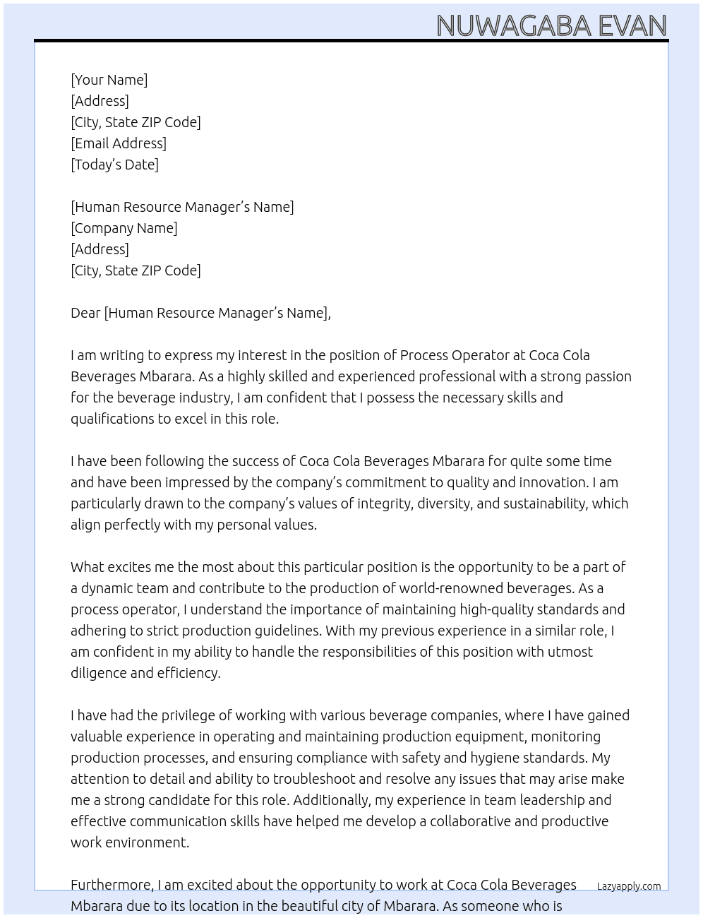 Process Operator At Coca Cola Beverages Mbarara Cover Letter