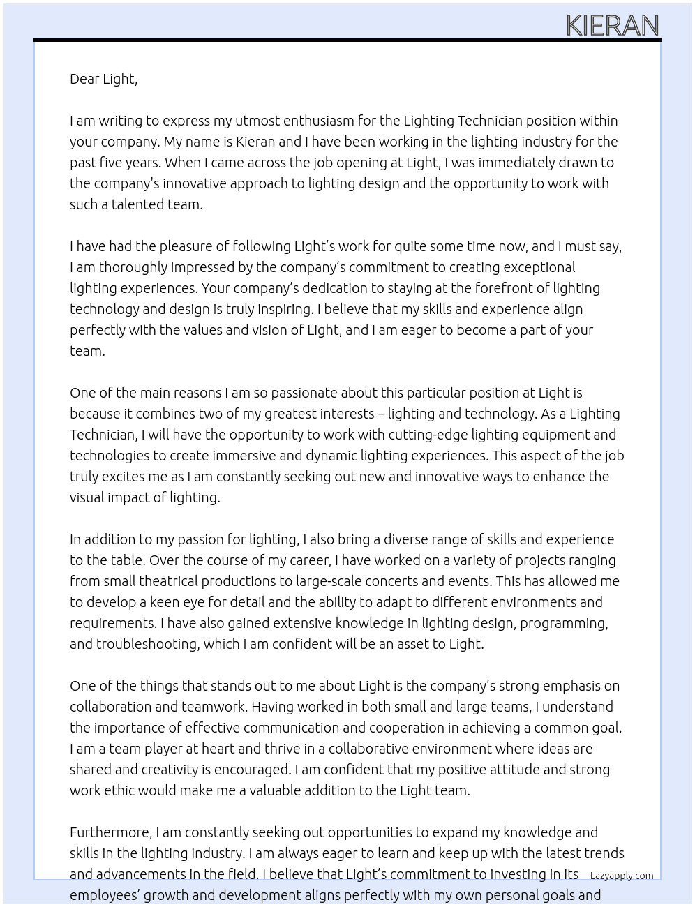 Lighting Technician At Light Cover Letter