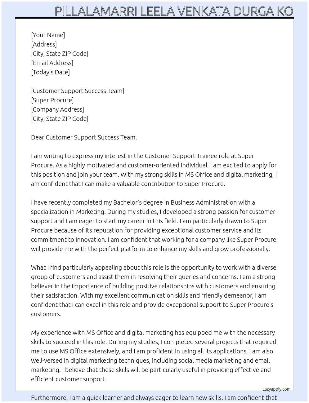 Customer Support Trainee  At SUPER PROCURE Cover Letter