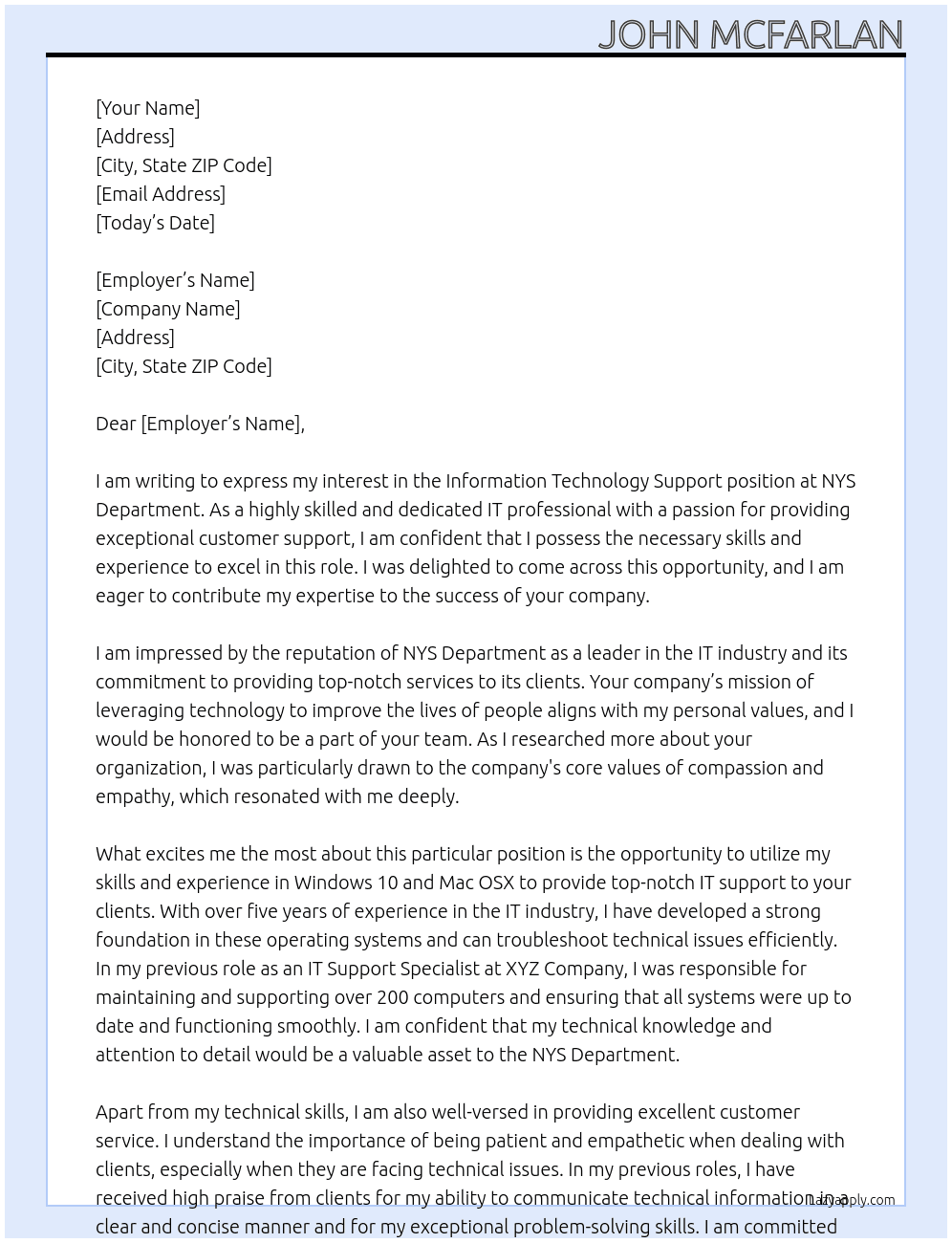 Information Technology Support At NYS Department Cover Letter
