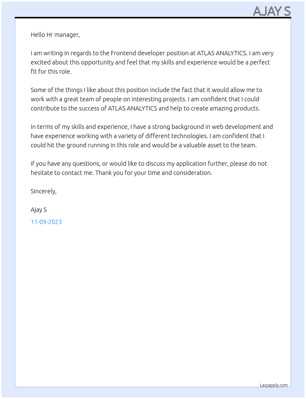 Frontend developer  At ATLAS ANALYTICS Cover Letter