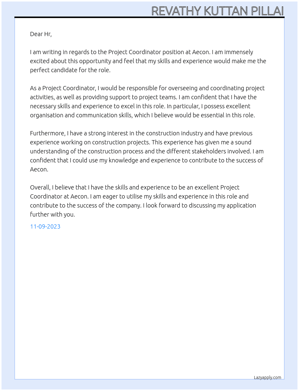 Project coordinator At Aecon Cover Letter