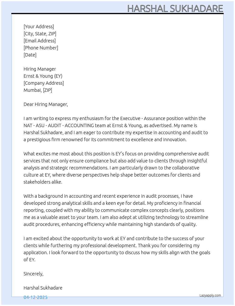 Executive - Assurance - NAT - ASU - AUDIT - ACCOUNTING - Mumbai At Ernst & Young (EY) Cover Letter