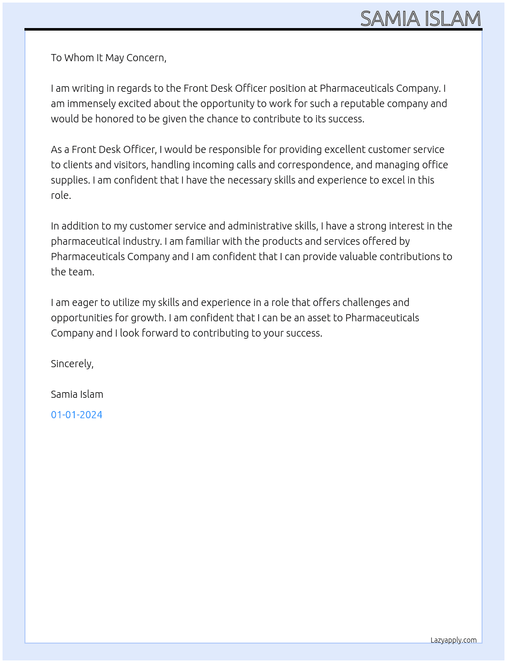 front desk officer At Pharmaceuticals Company Cover Letter