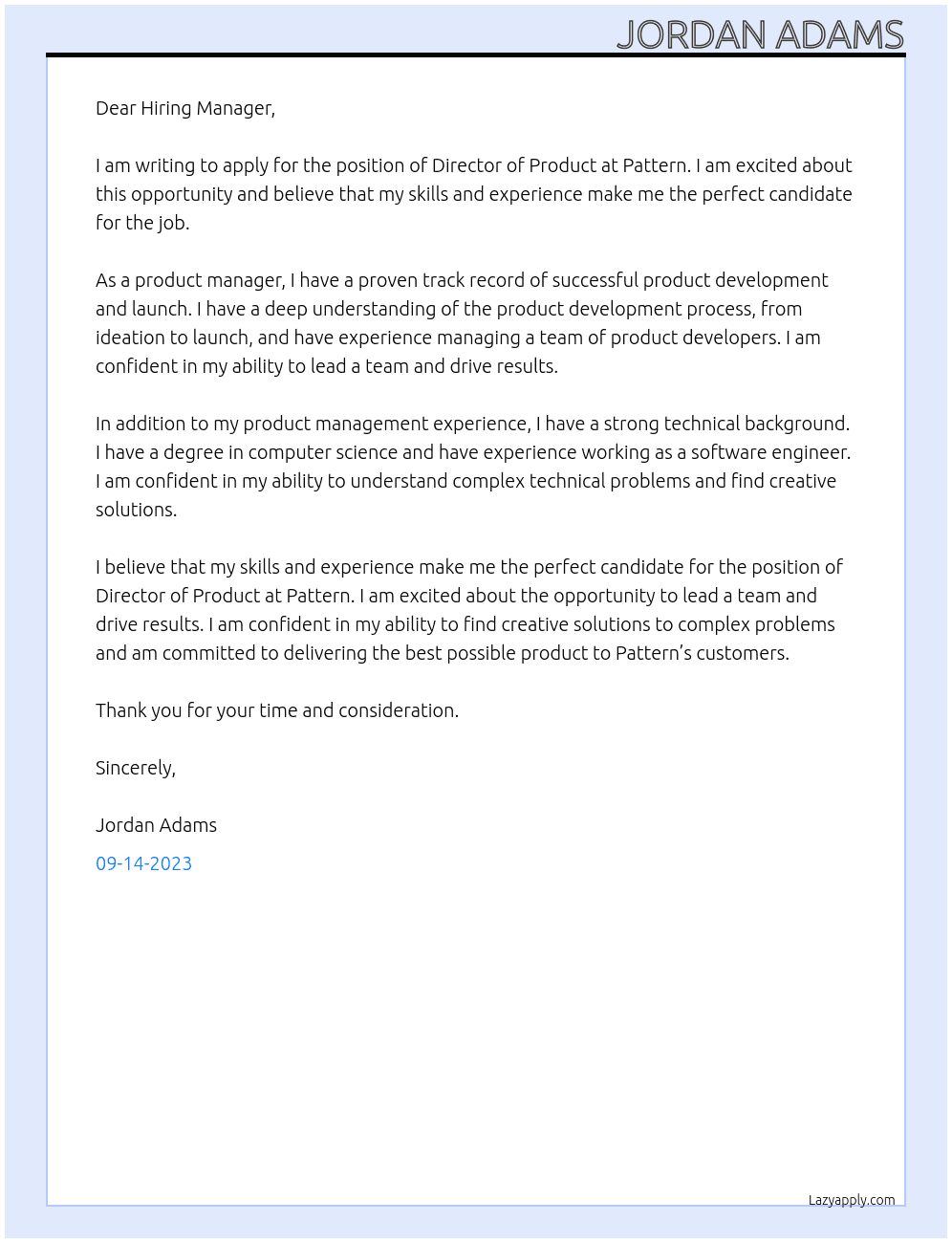 Director of Product At Pattern Cover Letter