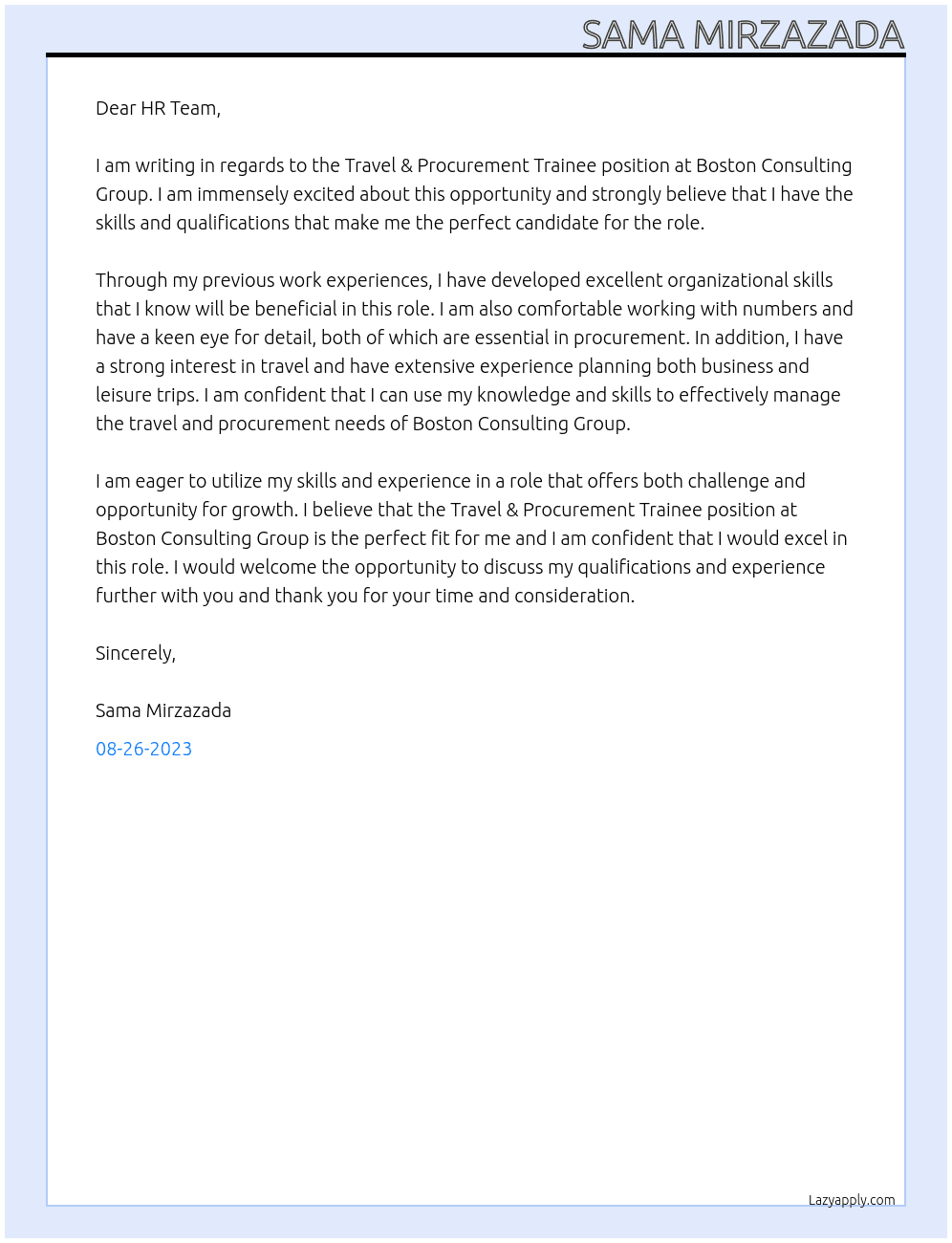 Cover letter for travel & procurement trainee - LazyApply