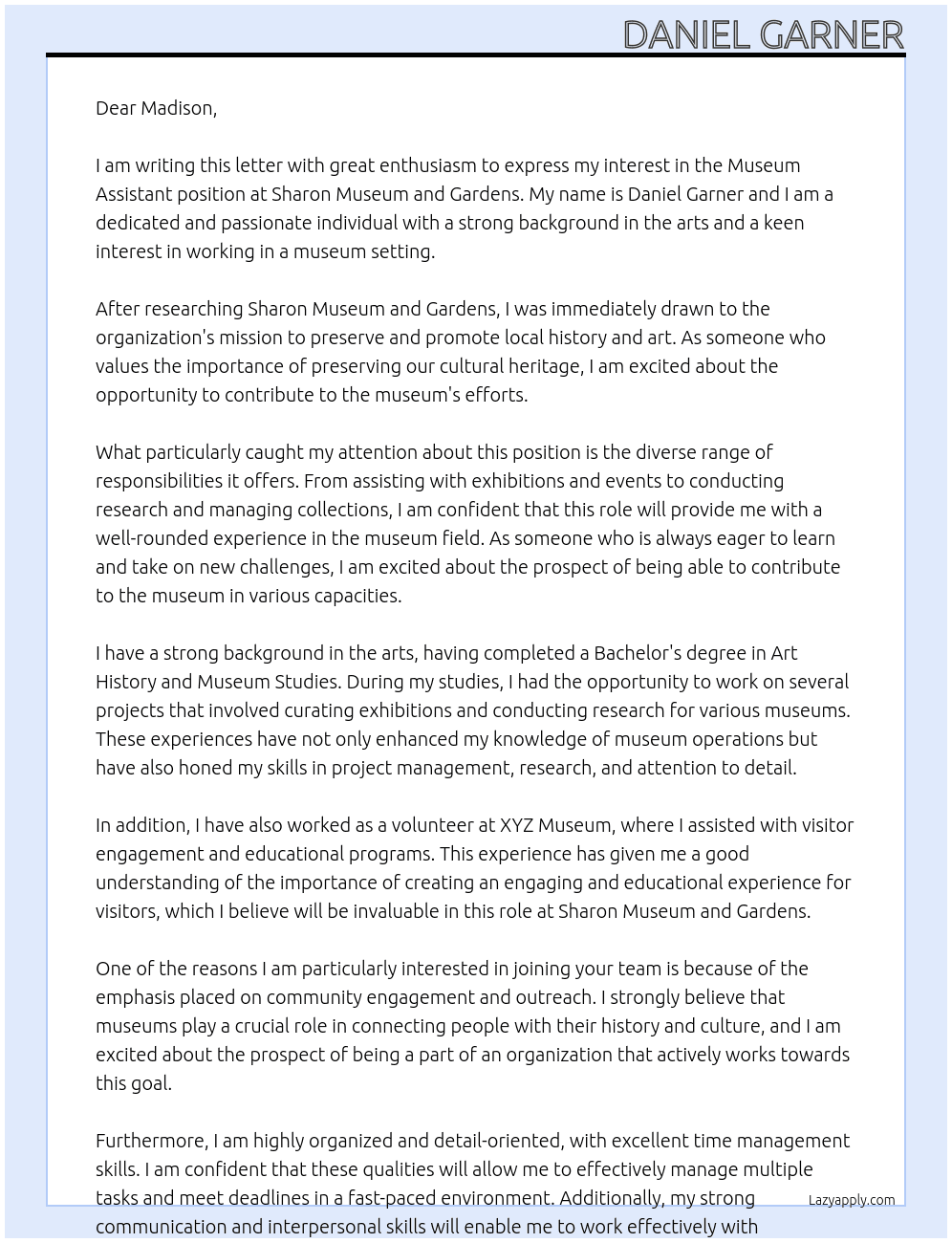 Museum Assistant At Sharon Museum and Gardens Cover Letter