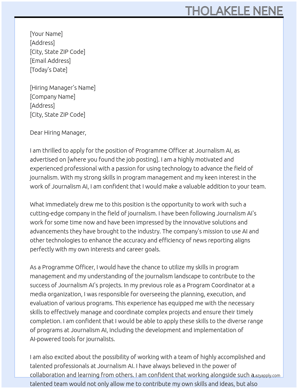 Programme officer At Journalism AI Cover Letter