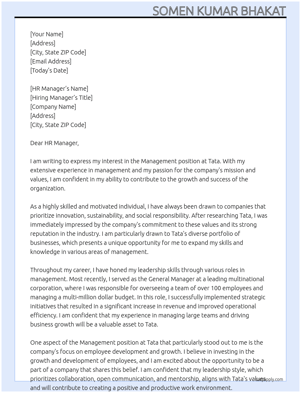 management At tata Cover Letter