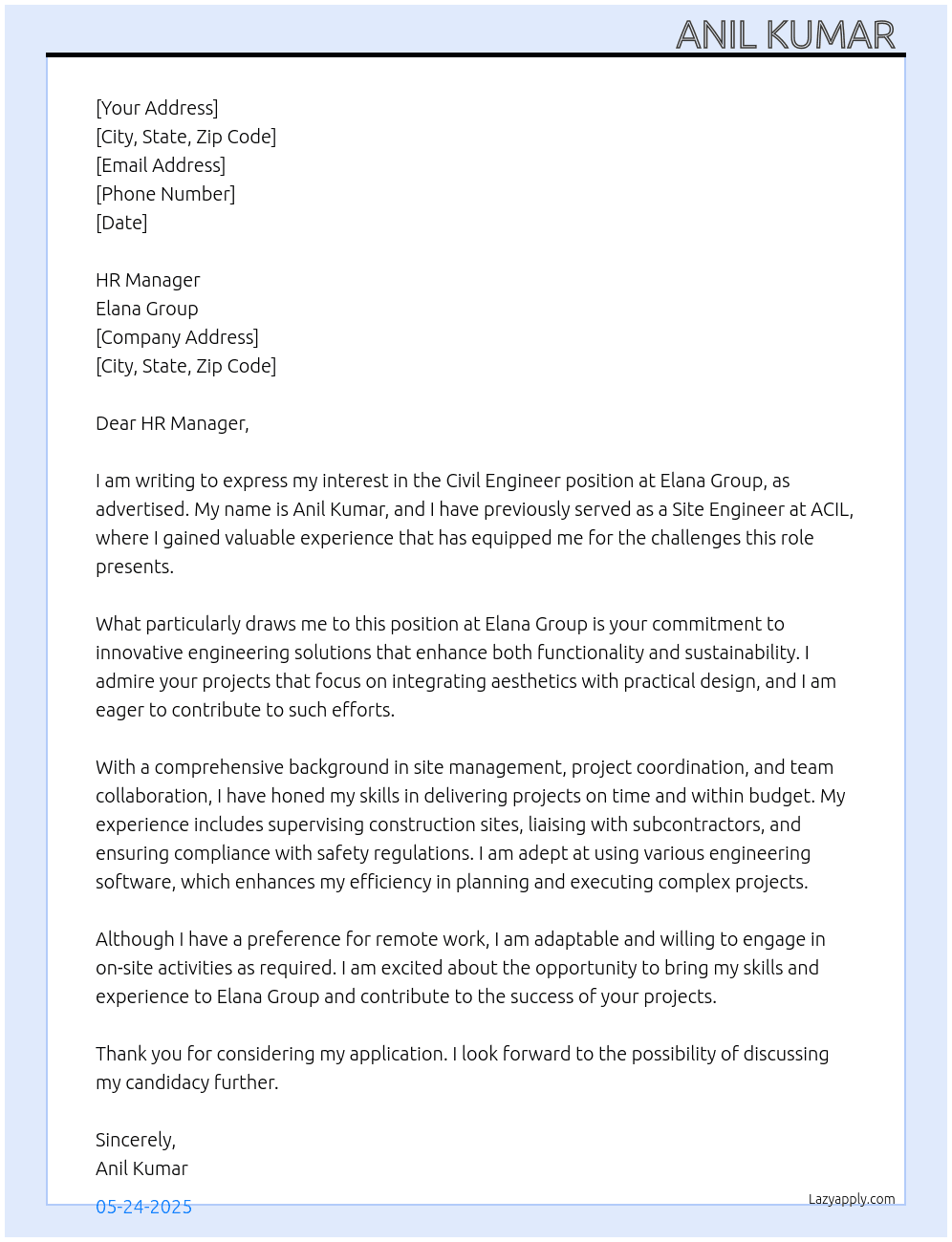 Civil engineer  At Elana group Cover Letter