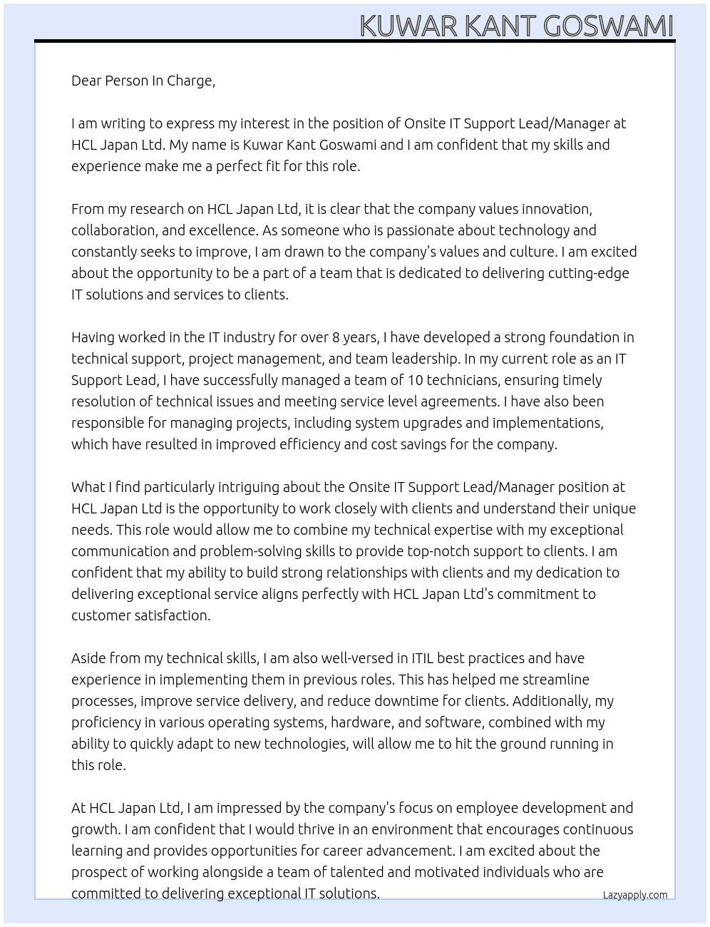 Onsite IT support lead/manager At HCL Japan Ltd Cover Letter