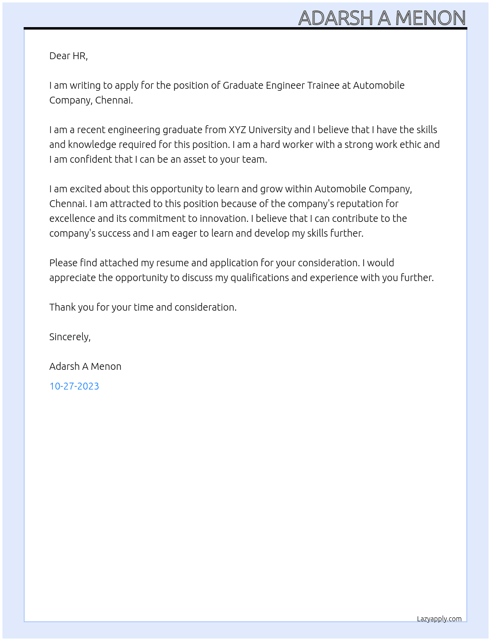 Graduate Engineer Trainee At Automobile Company,Chennai Cover Letter