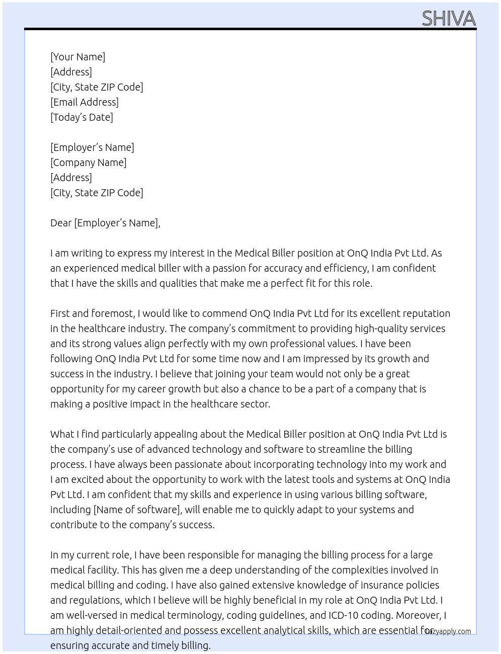 Medical biller At OnQ india pvt ltd Cover Letter