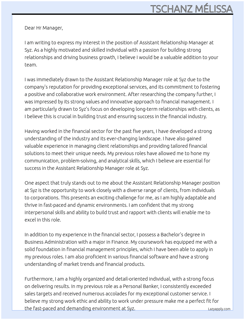 Assistant Relationship Manager At Syz Cover Letter