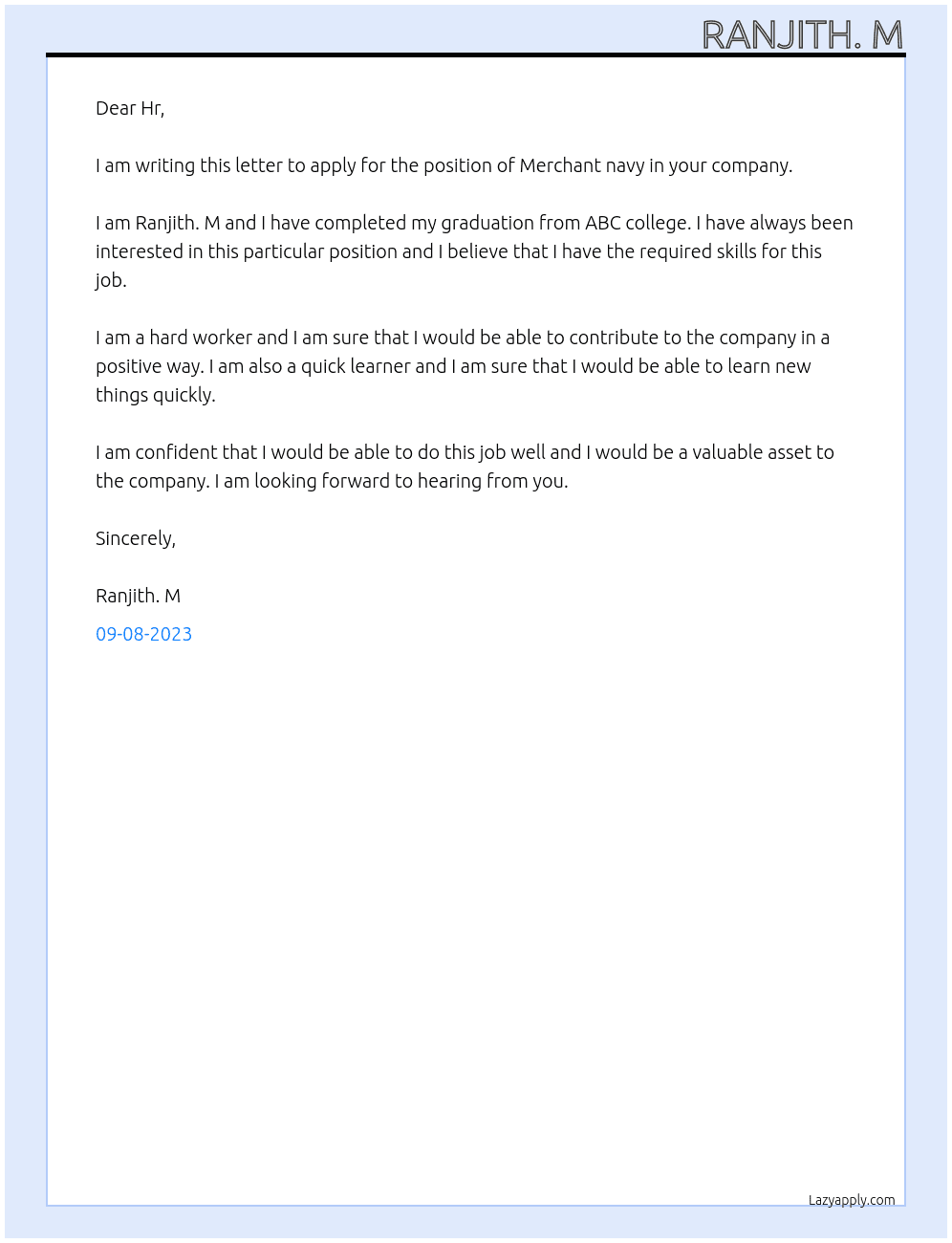 Merchant navy  At Govt of India  Cover Letter