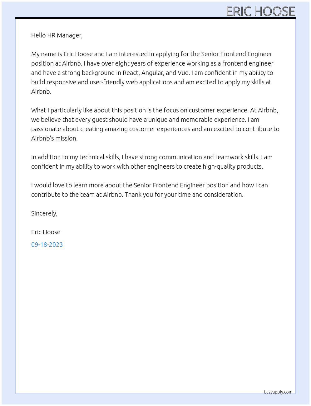 Senior Frontend Engineer At Airbnb Cover Letter