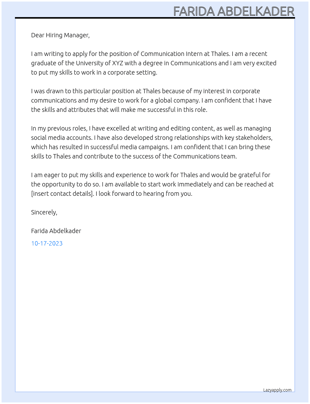 Communication Intern At Thales Cover Letter
