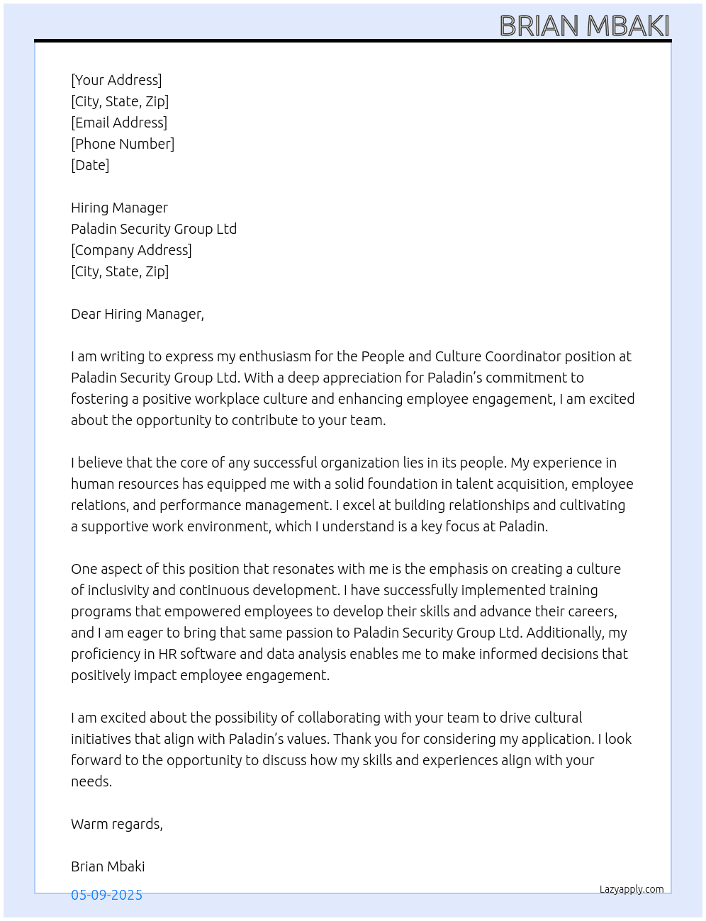 People and Culture Coordinator At Paladin Security Group Ltd Cover Letter
