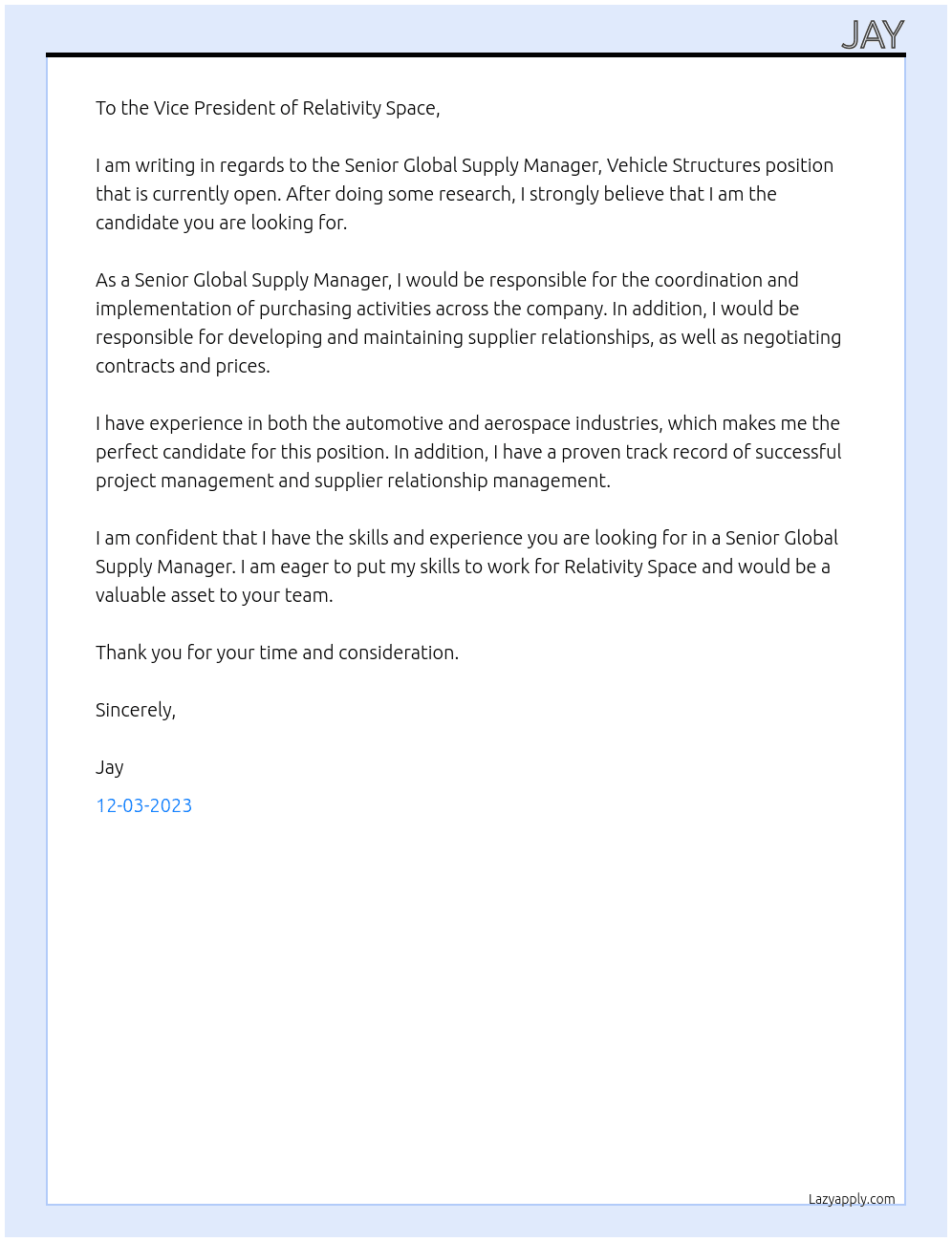 Senior Global Supply Manager, Vehicle Structures At Relativity Space Cover Letter