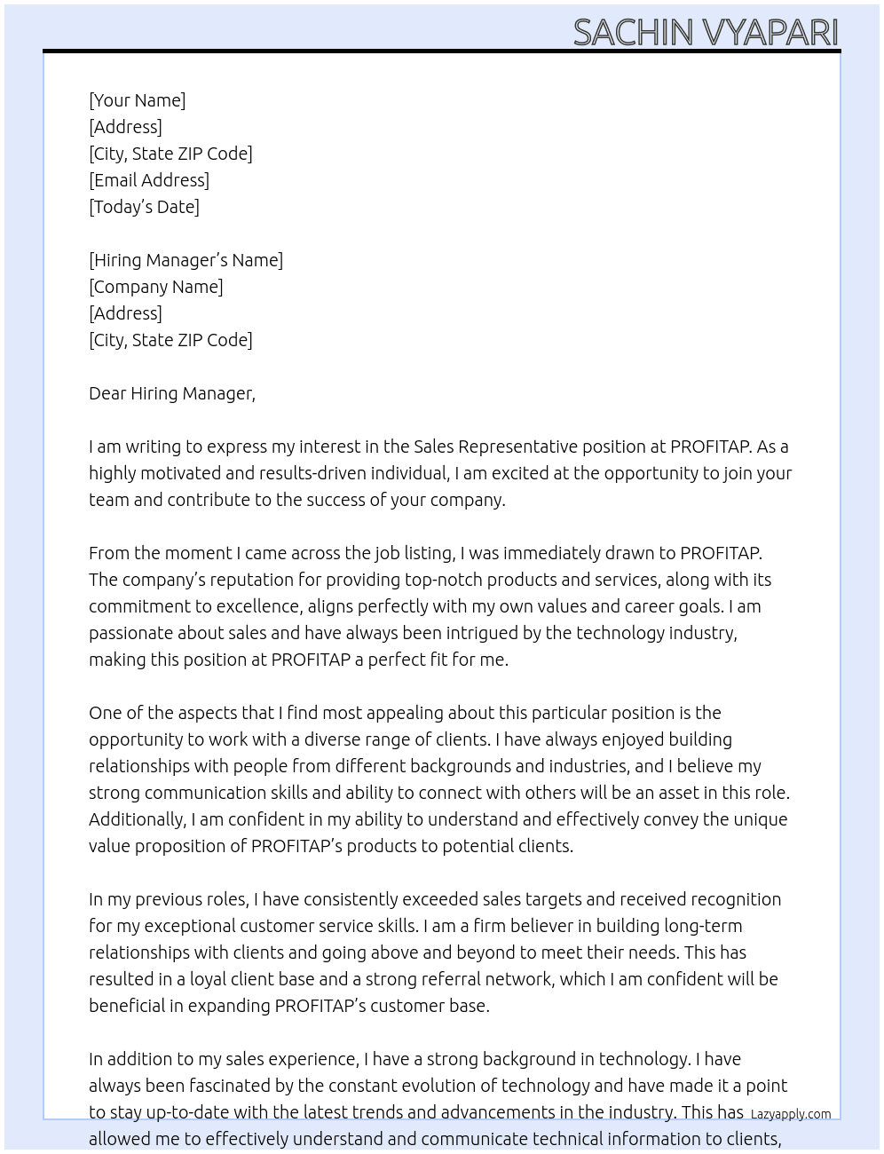 Sales representative At PROFITAP Cover Letter