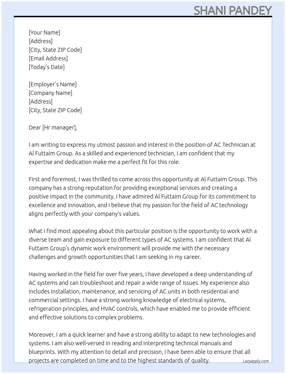 Ac technician  At Al futtaim group  Cover Letter