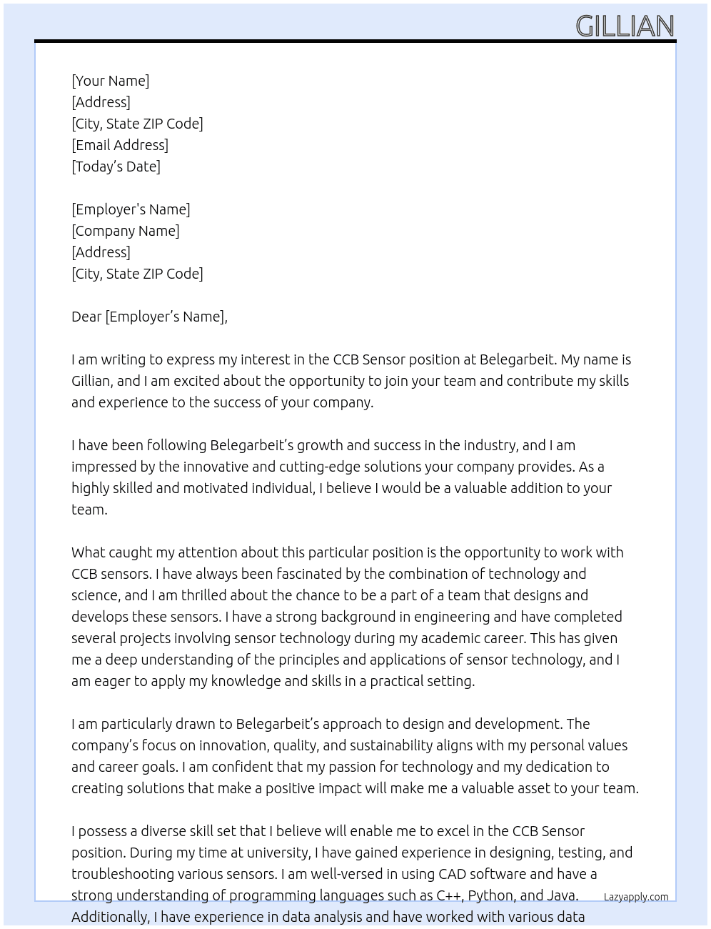 CCB Sensor At Belegarbeit Cover Letter