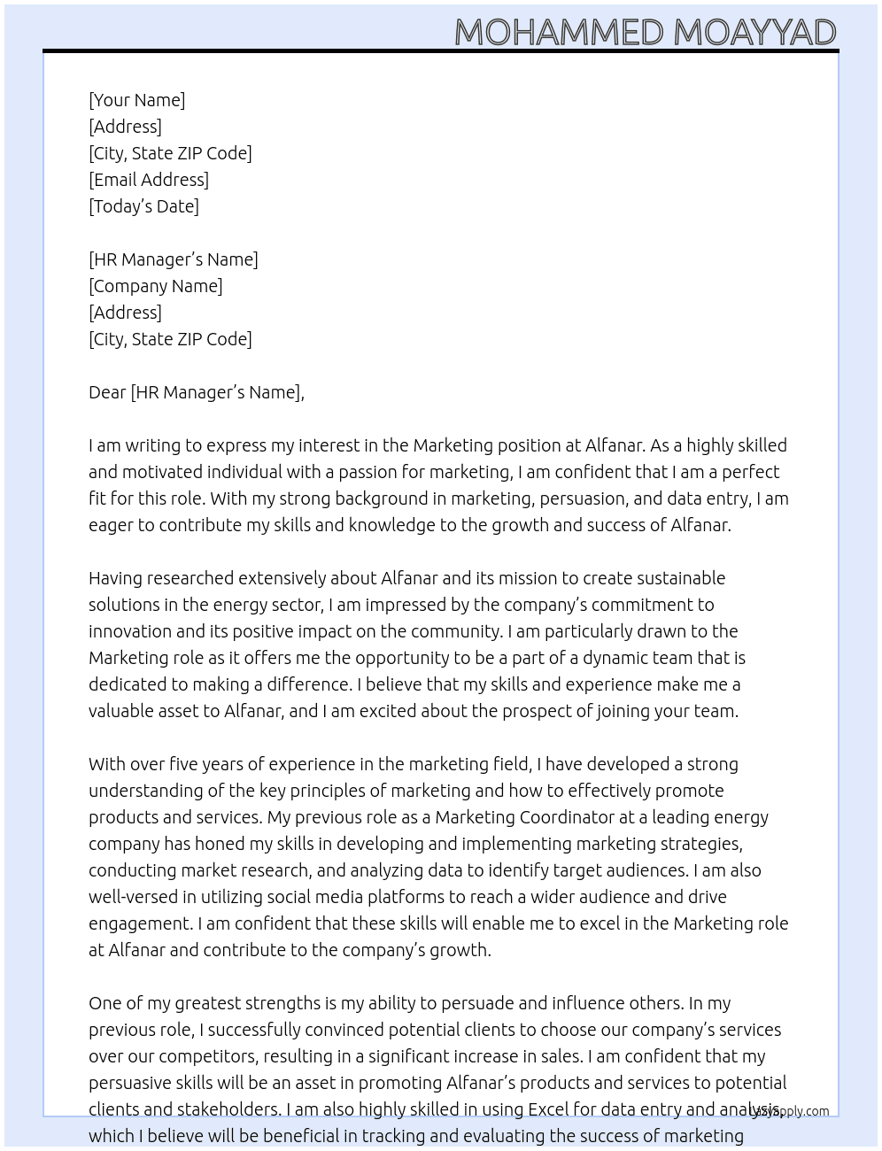 Marketing At Alfanar Cover Letter