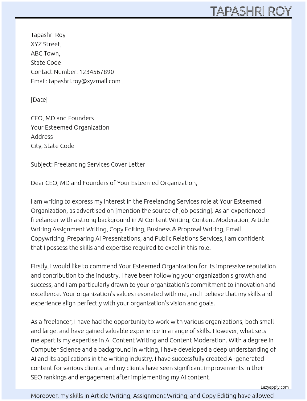 Cover Letter for Freelancing Services At Your Esteemed Organization Cover Letter