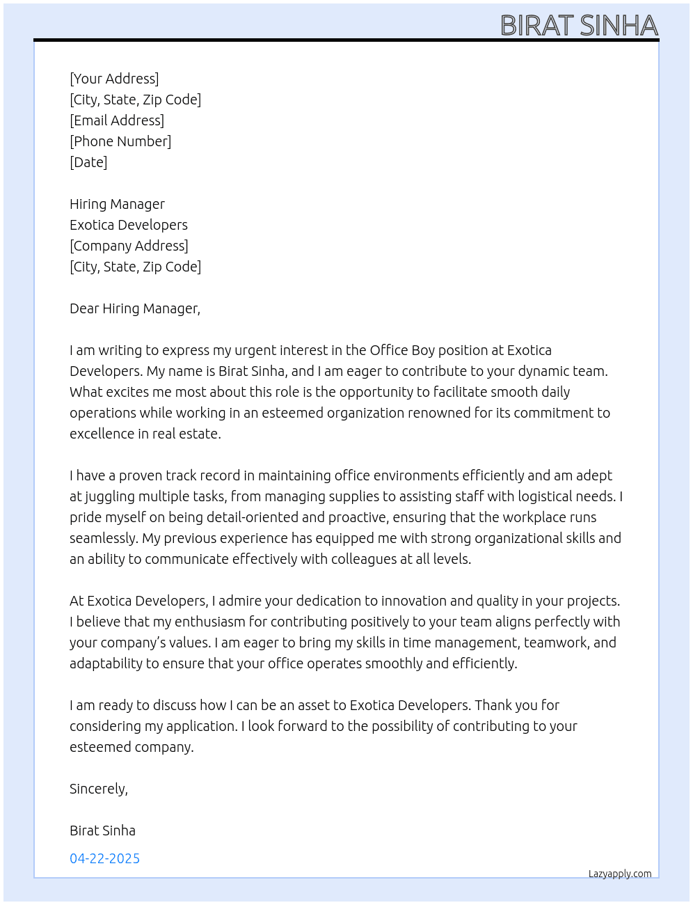 Office boy  At Exotica Developers Cover Letter