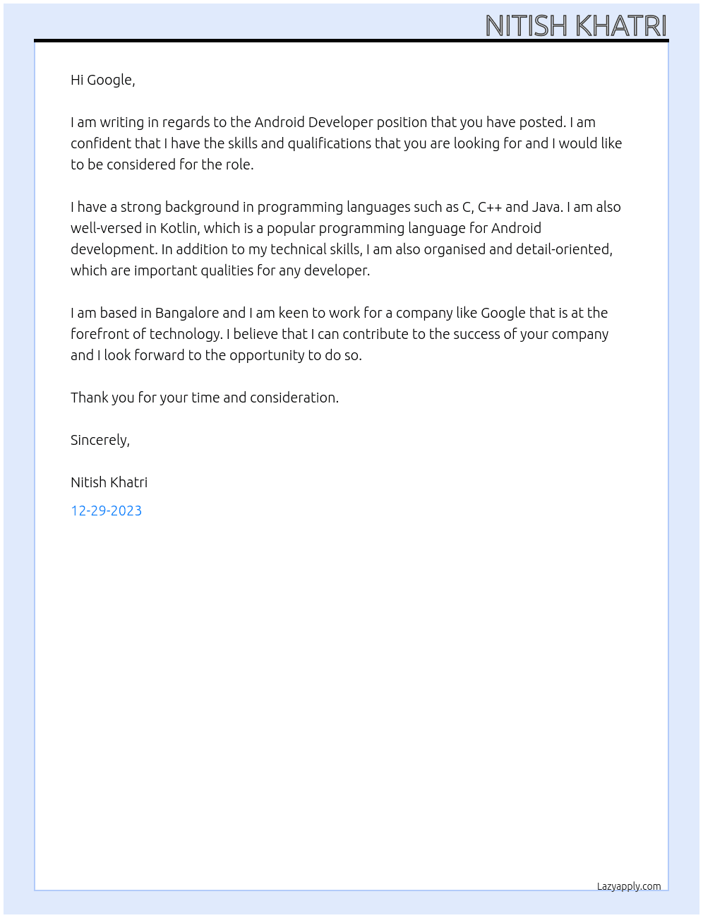 Android Developer At Google  Cover Letter