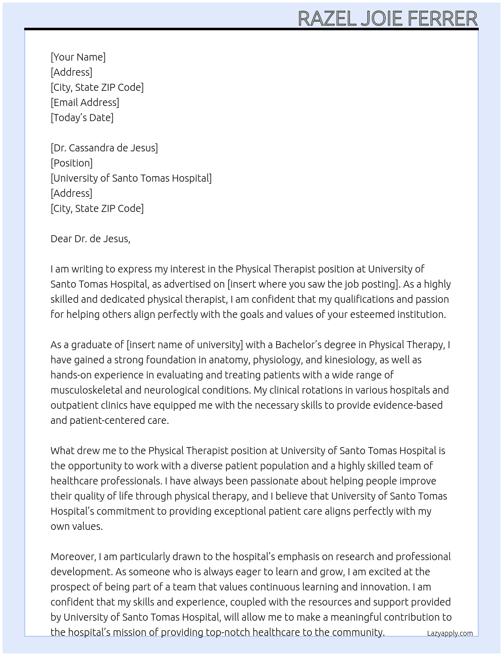 Physical Therapist  At University of Santo Tomas Hospital Cover Letter