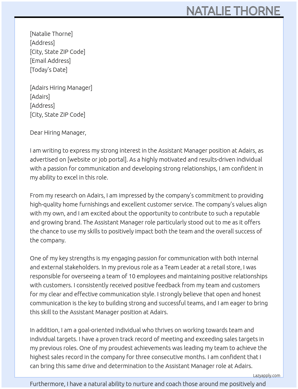 Assistant Manager  At Adairs Cover Letter