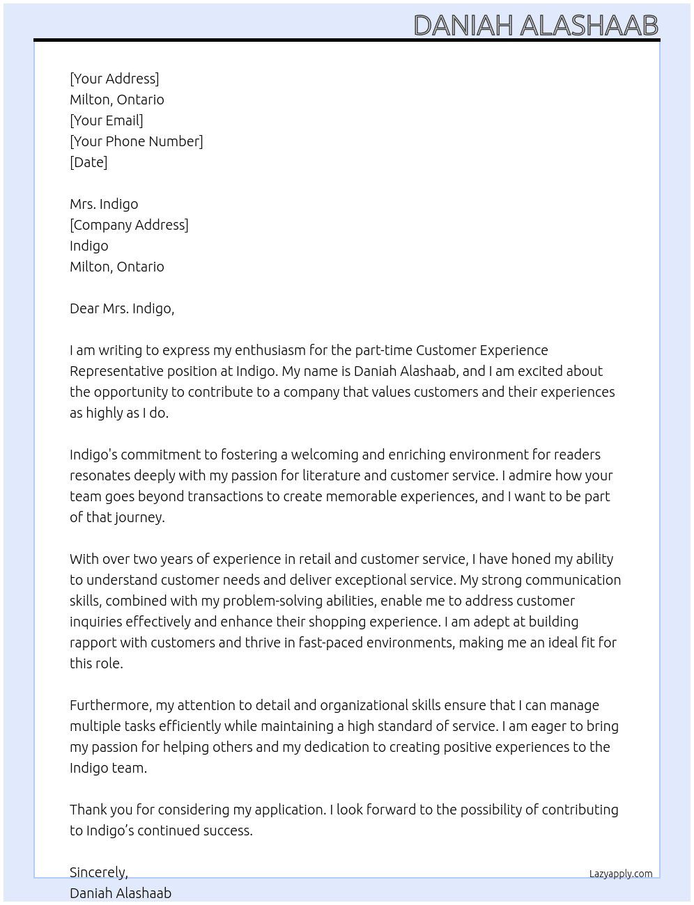 Cover letter for customer experience representative - LazyApply
