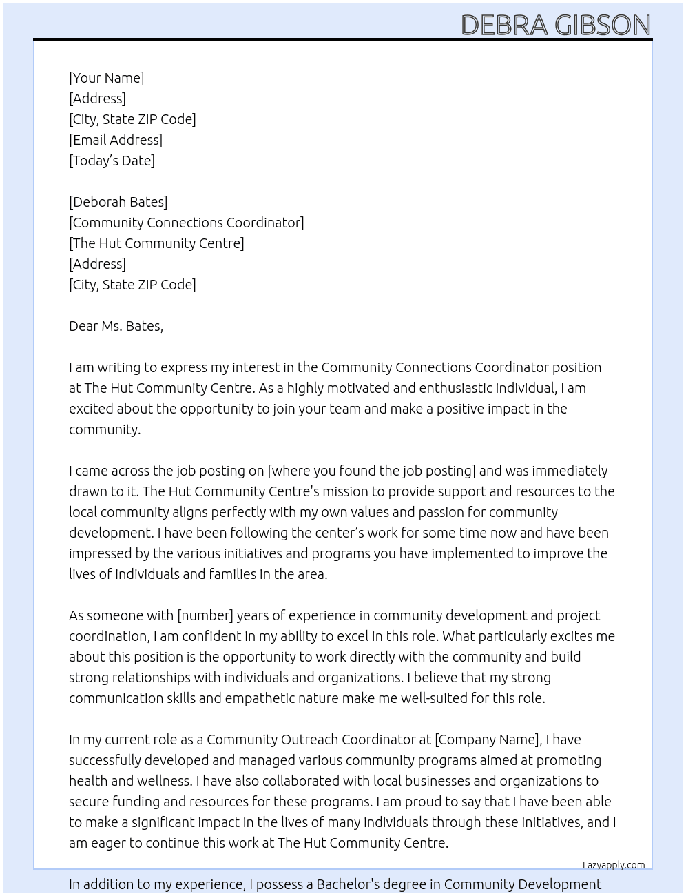 Community Connections Coordinator At The Hut Community Centre Cover Letter