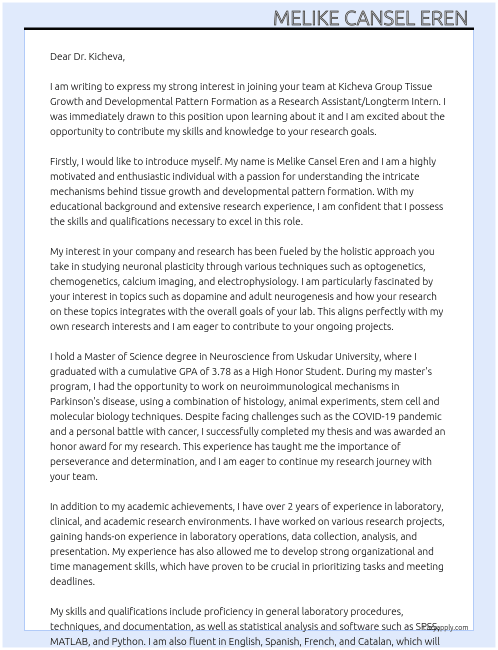 Research Assistant/ Longterm Intern  At Kicheva Group Tissue Growth and Developmental Pattern Formation Cover Letter