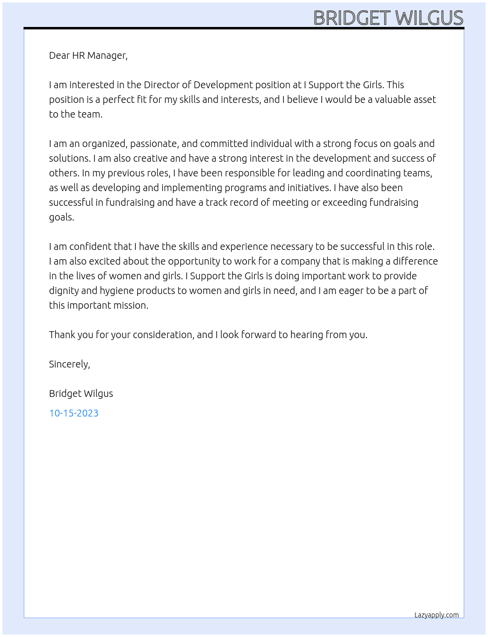 Director of Development  At I Support the Girls Cover Letter