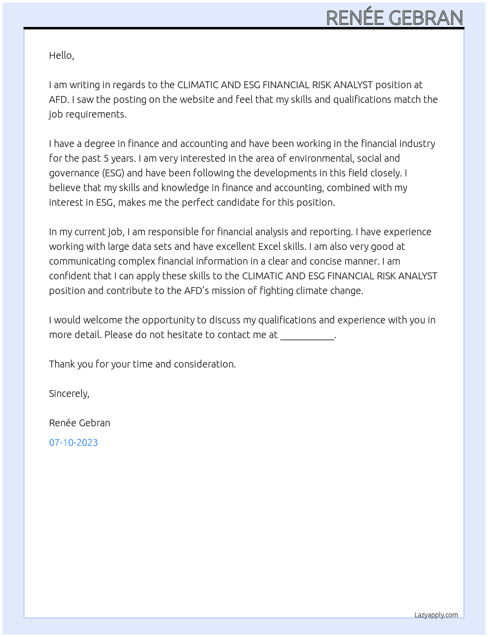 CLIMATIC AND ESG FINANCIAL RISK ANALYST At AFD Cover Letter