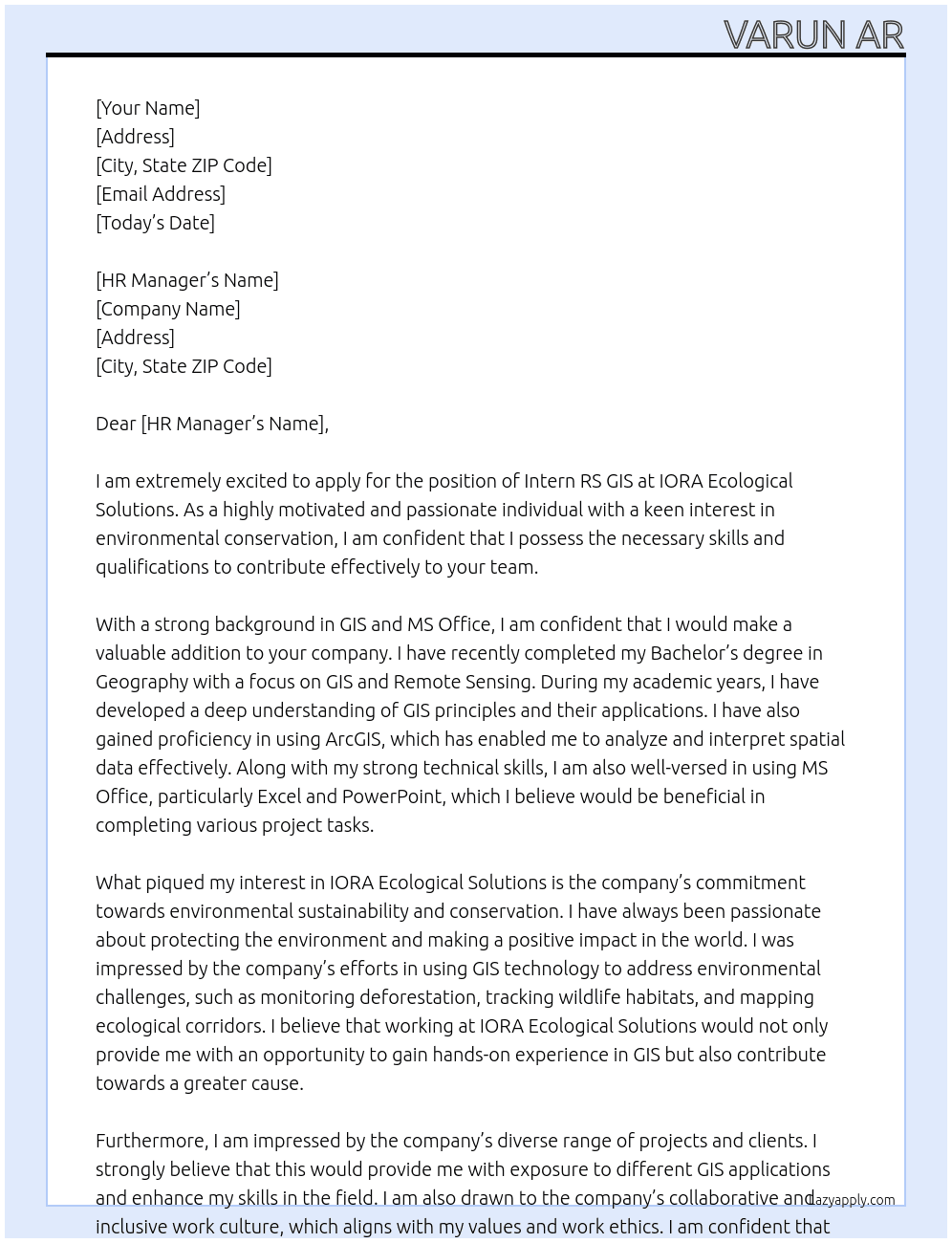 intern RS GIS At IORA Ecological Solutions Cover Letter