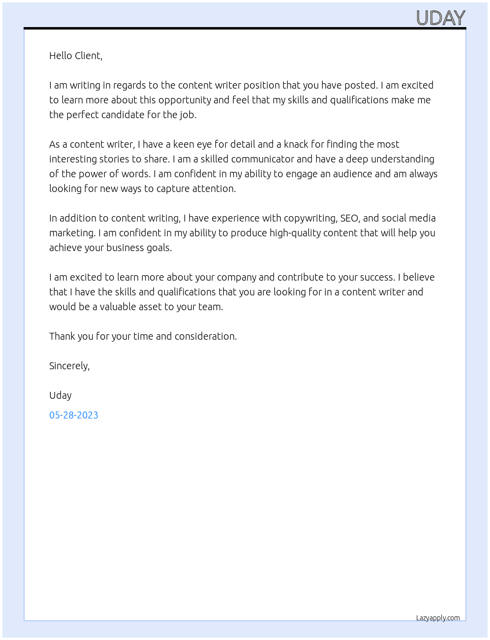 Content writer At Project review Cover Letter