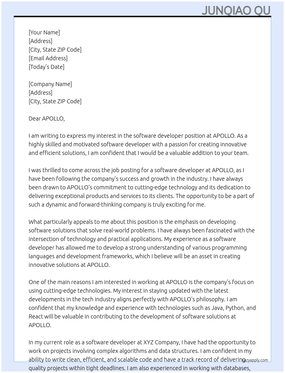 software developer At APOLLO Cover Letter