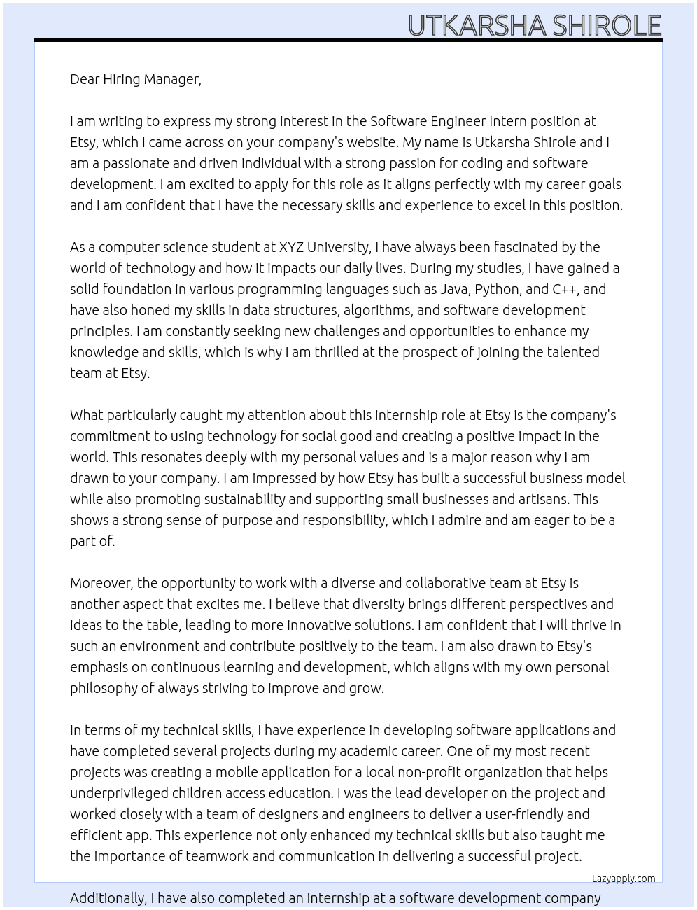 Software Engineer INtern At Etsy Cover Letter