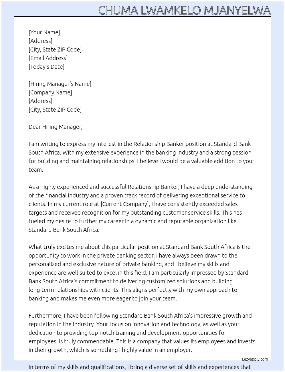 Relationship banker, private bank At Standard Bank South Africa  Cover Letter