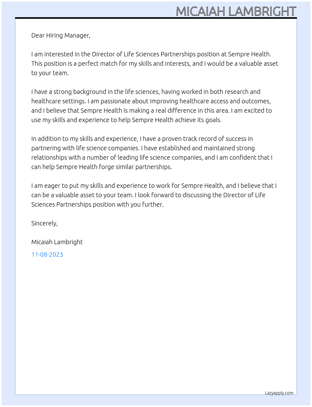 Director of Life Sciences Partnerships At Sempre Health Cover Letter