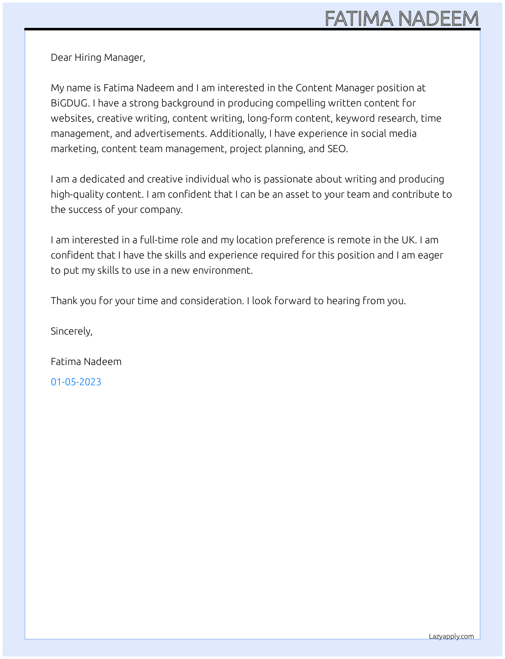 Content Manager At BiGDUG Cover Letter
