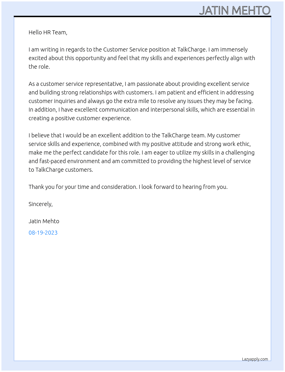 Customer Service At TalkCharge Cover Letter