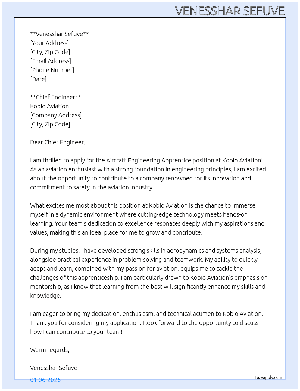 Cover letter for aircraft engineering apprentice - LazyApply