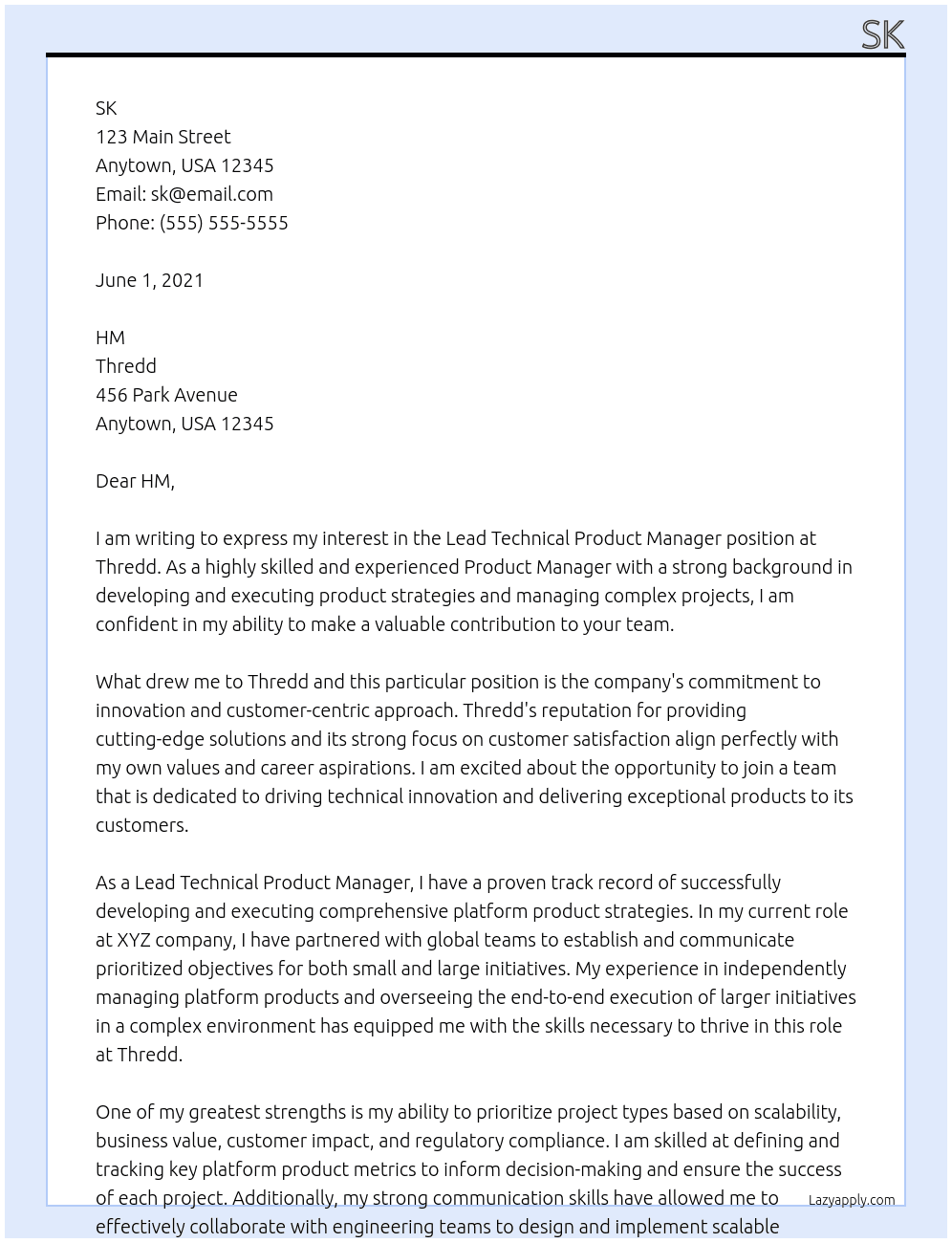 Lead Technical Product Manager At Thredd Cover Letter