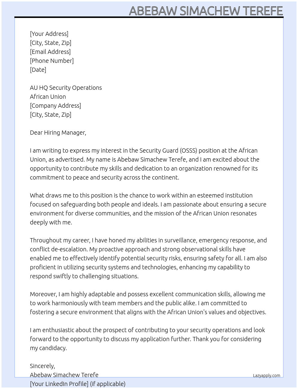  Security Guard (OSSS) At African Union Cover Letter