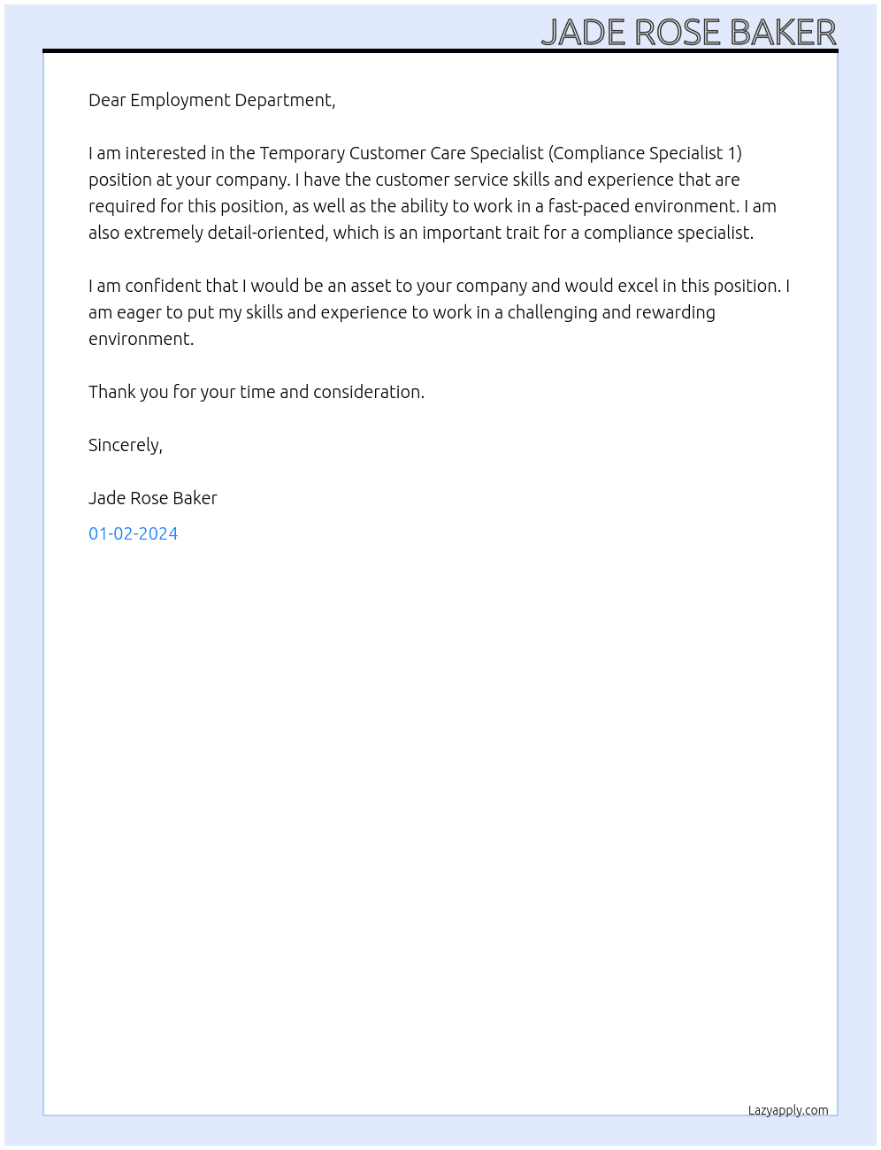 Temporary Customer Care Specialist (Compliance Specialist 1) At Employment Department Cover Letter